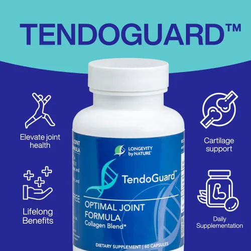 Vista 2 de Longevity by Nature TendoGuard Suplemento de apoyo articular con péptidos de colágeno, suplementos de ácido hialurónico, tendón y ligamento, 60