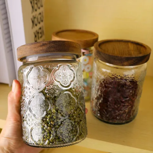 Vista 6 de INFTYLE Vantage - Tarros de almacenamiento de vidrio de 23 onzas / 23.7 fl oz con tapa de madera de acacia y cuchara, juego de 4 recipientes