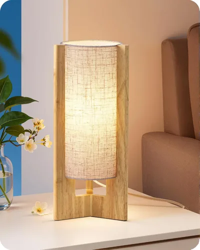 EDISHINE Small Wood Table Lamp, 13.5" Modern Bedside Lamp, Beige Linen Shade, Natural Wood Cylinder Nightstand Lamp for Bedroom Living Room, On-Off