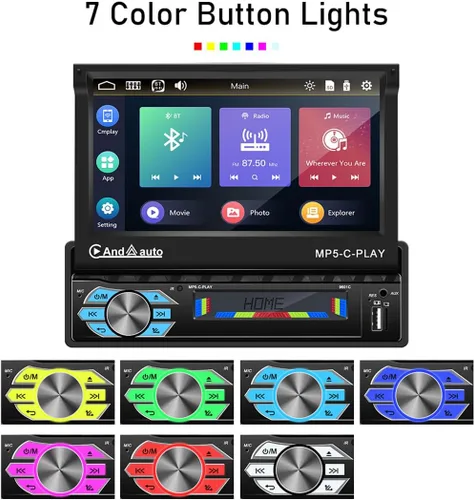 Vista 9 de Estéreo de coche de un solo DIN con Carplay y Android Auto de 7 pulgadas con pantalla táctil abatible eléctrica para coche Soporte Bluetooth/Mirror