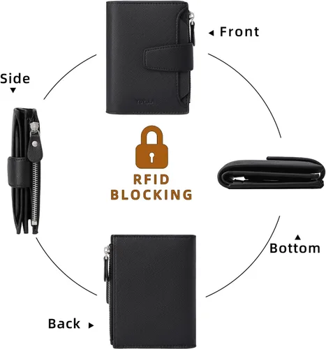 Vista 4 de Cartera pequeña de cuero para mujer, con bloqueo RFID, tarjetero de lujo con bolsillo para monedas, ventana de identificación, Negro -, Elegancia