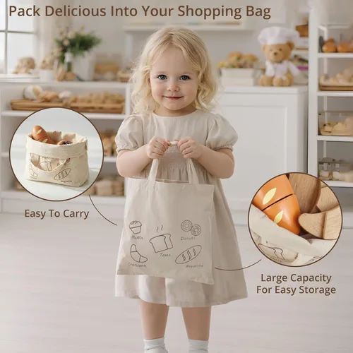 Vista 5 de PairPear - Juego de juguetes de panadería de madera, accesorios de cocina de alimentos de simulación para niños con bolsa de compras, juguetes