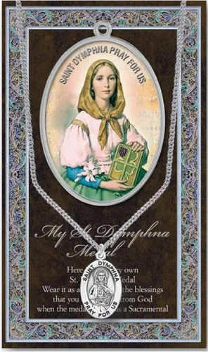 St Dymphna - Colgante de medalla de peltre en cadena de acero inoxidable de 18 pulgadas con oración