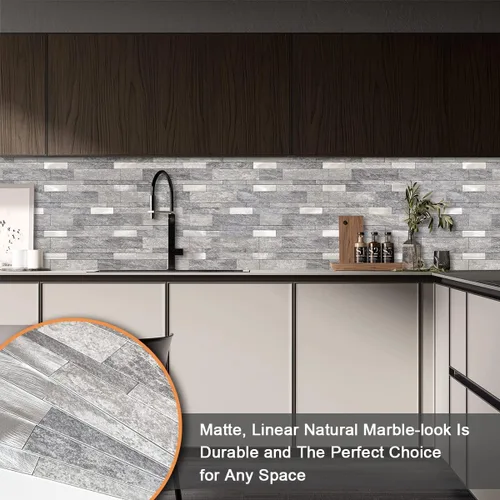 Vista 4 de VAOVI Azulejo de Salpicaduras Autoadhesivo Cocina Piedra Estilo Metro Lineal Mosaico Baño Ducha Pared Impermeable (5 piezas, Gris)