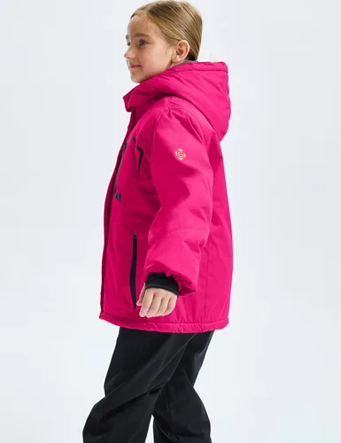 Vista 3 de GEMYSE Chaqueta de esquí impermeable para niña, chaqueta de invierno a prueba de viento con capucha