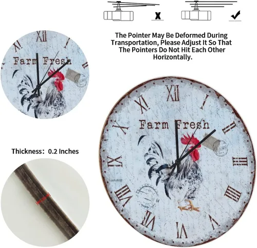 Vista 7 de Reloj de pared de madera de pollo campestre de 16 pulgadas, sin sonido de cuarzo, funciona con pilas, estilo vintage, gallo analógico, reloj