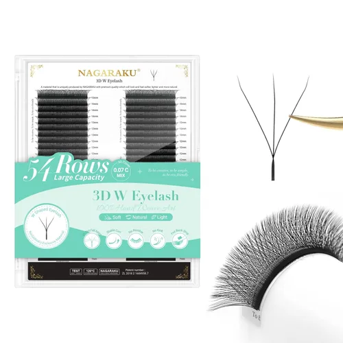 Vista 400 de NAGARAKU Extensión de pestañas en forma de W 3D con volumen en racimo, abanico prefabricado, pestañas postizas de visón sintético mate negro