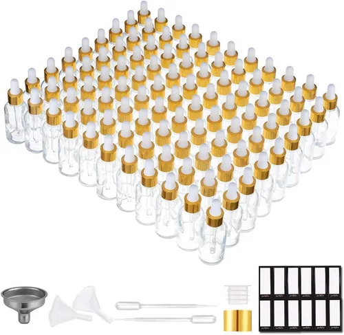 Vista 30 de PrettyCare Botella de Vidrio con Cuentagotas para Ojos 2 oz (60 ml), 24 Piezas de Botellas Transparentes y Vacías Gruesas a Granel con Tapas Dorada