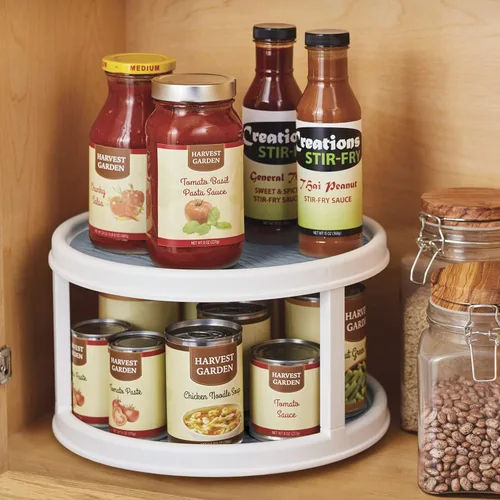 Vista 6 de Copco - Mesa giratoria antideslizante de 2 niveles Lazy Susan para despensa, 12 pulgadas, color blanco y gris Oxford