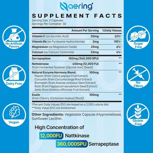 Vista 2 de Suplemento enzimático liposomal nattoquinasa 12,000 FU Serrapeptasa 360,000 SPU - Enriquecido con enzimas sinérgicas y mezcla de nutrientes e