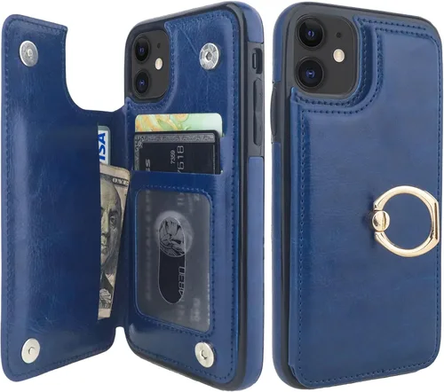 Vista 14 de ONETOP - Funda tipo cartera para iPhone 11 con soporte para tarjetas, anillo de rotación de 360°, bloqueo RFID, piel sintética, doble cierre Negro