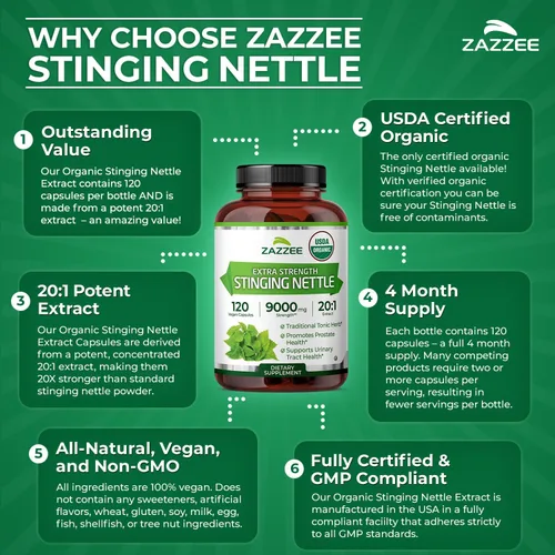 Vista 6 de Zazzee USDA Orgánico Extracto de Ortiga 20:1, 9000 mg de Potencia, 120 Cápsulas Veganas, Suministro de 4 Meses, Concentrado, Extracto Estandarizado