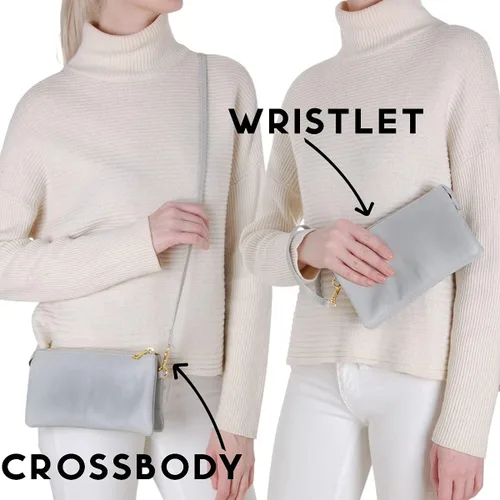 Vista 2 de Humble Chic bolsa pequeña de piel vegana, para usar cruzada o cartera con ajuste de pulsera, incluye hombro ajustable y correa para muñeca.