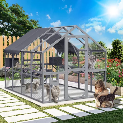 Catio grande de madera para exteriores de 110 pulgadas, recintos para gatos al aire libre, cubierta resistente a la intemperie, dos puertas Blanco