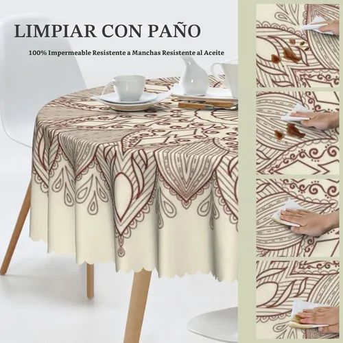 Vista 4 de Mantel redondo de mandala marrón – para comedor, cocina, decoración del hogar, cena de vacaciones, mantel lavable, a prueba de derrames, lavable