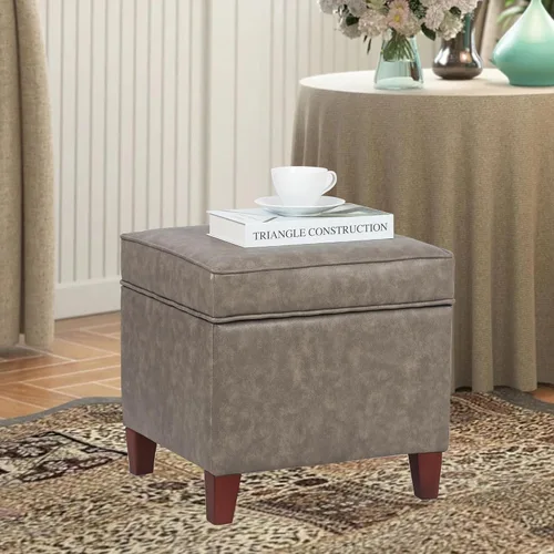 Vista 5 de Asense Reposapiés cuadrado tapizado de piel sintética con patas de madera, color gris