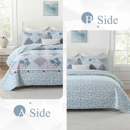 Vista 6 de DDUOXIN Colcha floral de granja tamaño King, edredón reversible de retazos 100% algodón con 2 fundas de almohada, juego de colcha ligera a cuadros