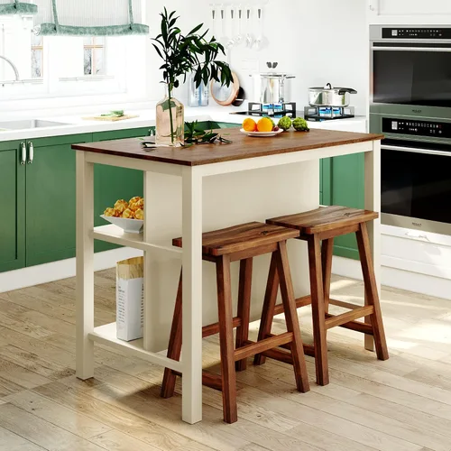 Vista 4 de Polibi Juego de isla de cocina de 3 piezas con 2 taburetes y 2 estantes, juego de mesa de comedor de madera de goma rústica con estantes abiertos