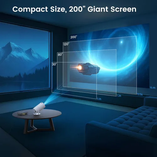 Vista 3 de Mini proyector con WiFi y Bluetooth, aplicaciones integradas, proyector portátil giratorio de 210°, proyector de película de soporte de 1080P