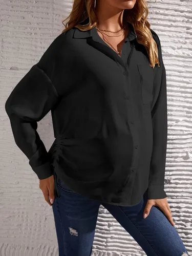 Vista 4 de OYOANGLE Blusa de maternidad para mujer, con bolsillo frontal, manga larga, dobladillo con cordón