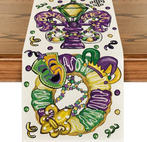 Artoid Mode Máscara de cuentas de lirios, sombrero de rosquilla, camino de mesa de Mardi Gras, decoración de mesa de comedor para decoración del