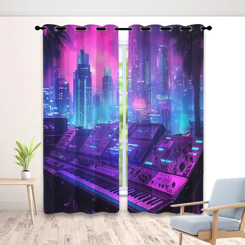 Cyberpunk - Cortinas para dormitorio, cortinas retro de los años 80, 54 pulgadas de largo para sala de estar, cortinas opacas de ciudad rosa y Rosa