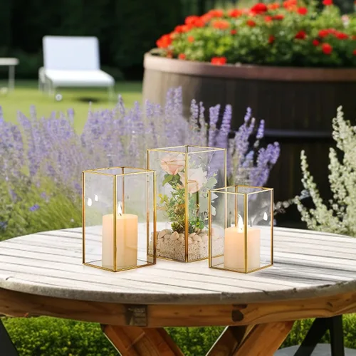 Vista 5 de Linternas doradas decorativas para interiores: juego de 6 candelabros pequeños de huracán para centro de mesa, decoración moderna del hogar