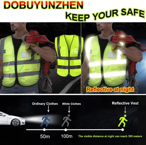 Vista 4 de Chaleco de seguridad reflectante de alta visibilidad, personaliza tu texto en el chaleco de trabajo (amarillo/azul, L)