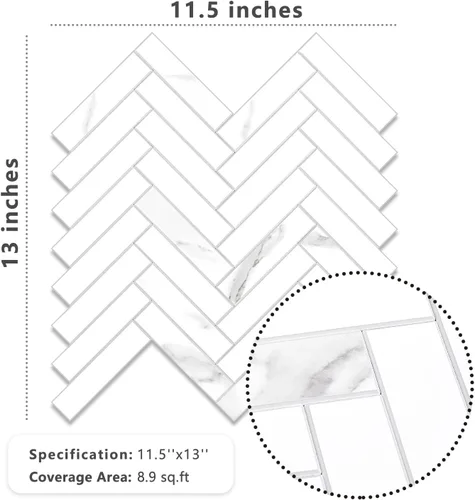 Vista 5 de Vamos Tile Azulejo autoadhesivo Statuario de PVC blanco para despegar y pegar, 10 hojas de azulejos autoadhesivos de PVC blanco para cocina, baño