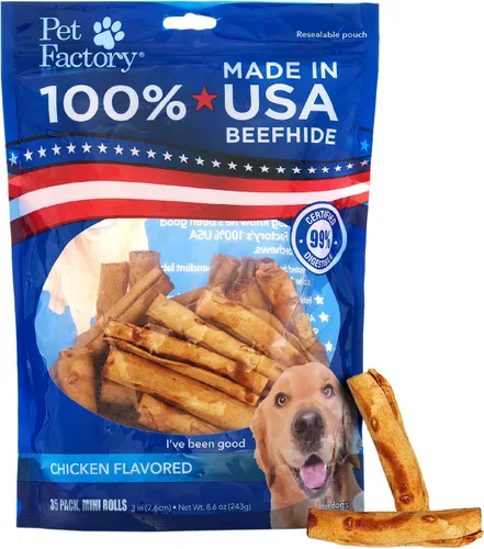 Pet Factory - Rollos de chips de piel de res con sabor a pollo para perros - Masticables dentales 100% de cuero crudo natural hechos en Estados