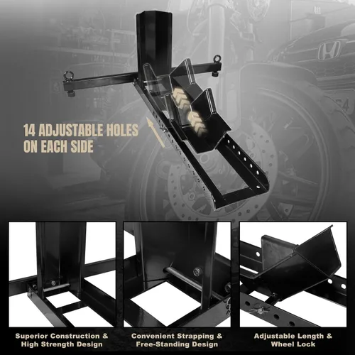 Vista 6 de Torin ATRM05012B Calzo de rueda de remolque de motocicleta: Soporte de motocicleta ajustable de acero resistente para ruedas de 16 a 25 pulgadas
