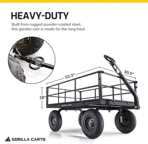 Vista 3 de Carro utilitario Gorilla Carts resistente de acero con lados desmontables y neumáticos de 13 pulgadas con capacidad de 1200 lb, Negro