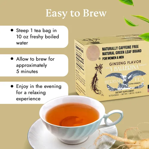Vista 3 de 3 Ballerina Té de ginseng, bolsas de té de hierbas extra fuertes para hombres y mujeres, 18