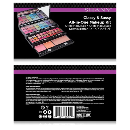 Vista 5 de Shany Classy & Sassy All-in-One Kit con Espejo, Aplicadores de Maquillaje, 24 sombras, 18 brillos labiales, 2 rubores y 1 base