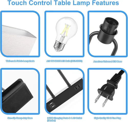 Vista 5 de Lámpara de mesa con control táctil y puertos de carga USB duales, 1 salida de CA, lámpara de mesita de noche moderna regulable de 3 vías con Crema