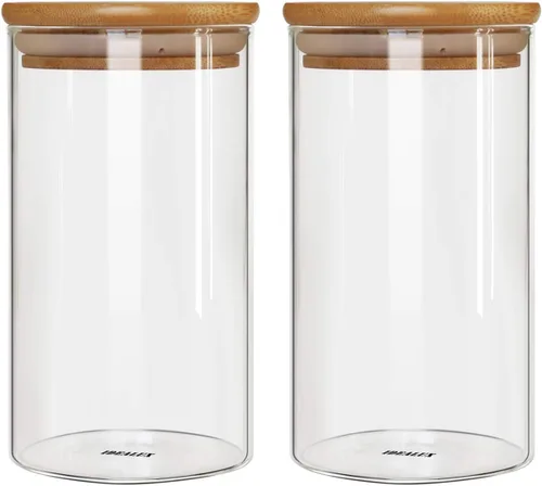 Tarro de almacenamiento de vidrio con sello hermético de madera, tapa, 25 onzas, juego de 2, 25.4 fl oz de café en grano y recipiente de alimentos