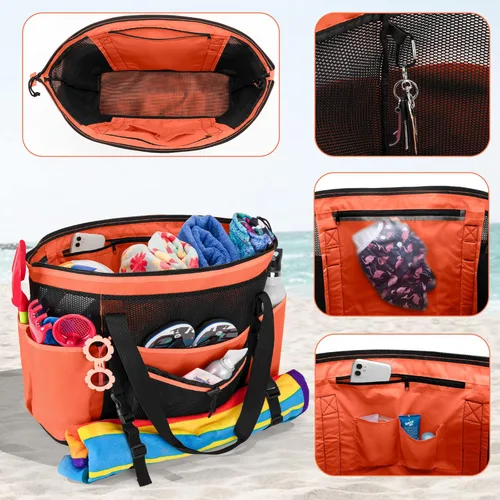 Vista 5 de Fasrom Bolsa de playa de malla extra grande con cremallera inferior, paquete con mochila de playa de malla con bolsa impermeable y bolsillo