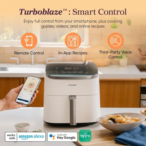 Vista 3 de Cosori TurboBlaze - Freidora de aire 9 en 1 de 6 cuartos de galón, control inteligente, 90 ° a 450 °F, recordatorios de agitación, calentamiento