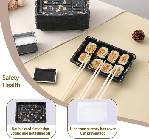 Vista 3 de Juego de vajilla desechable para 50 bandejas recipientes de sushi con tapas de 7.3 x 5.1 pulgadas, cajas desechables para sushi para llevar, 50