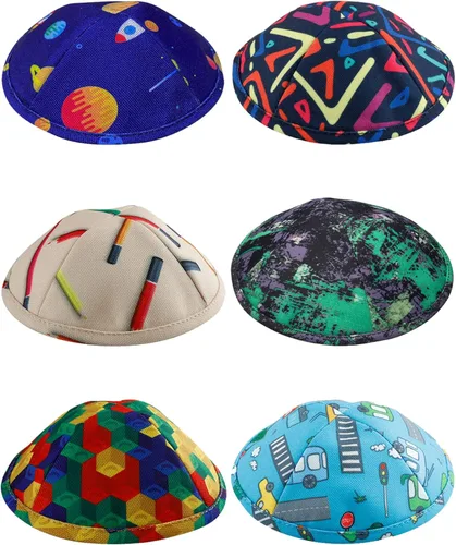 Paquete de 6 piezas - Hq 75in - Tamaño grande - Mezcla de colores Kippah para niños y niños Yamaka Hat de Israel - Kippot Bulk - Set 3