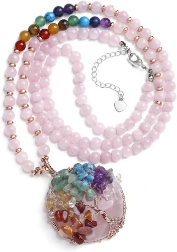 Jovivi Collar con dije de 7 piedras preciosas de chakras de cristal curativo Reki con forma de círculo redondo de amonita y resina fósil para