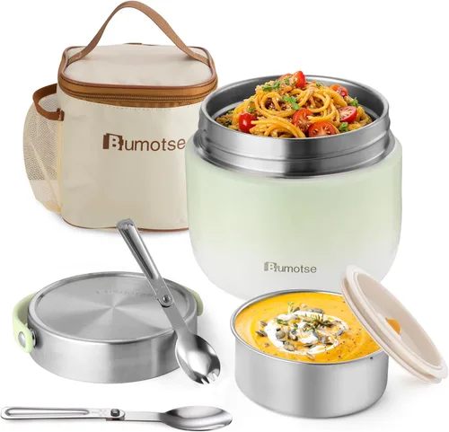 Vista 12 de Tarro de comida aislado de 40 onzas con 2 compartimentos, termo a prueba de fugas para comida caliente, boca ancha, acero inoxidable, incluye