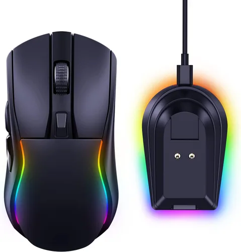 Vista 8 de RisoPhy Mouse inalámbrico para juegos con base de carga magnética RGB, mouse ligero de tres modos inalámbrico de hasta 20 KDPI 300 IPS 1000 Hz