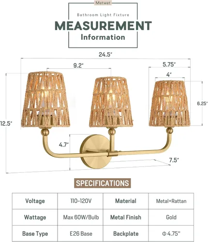 Vista 2 de VL837-BG-RA-3 - Lámparas de baño de 3 luces, luces de tocador de ratán dorado cepillado con pantalla acampanada tejida a mano, apliques de pared