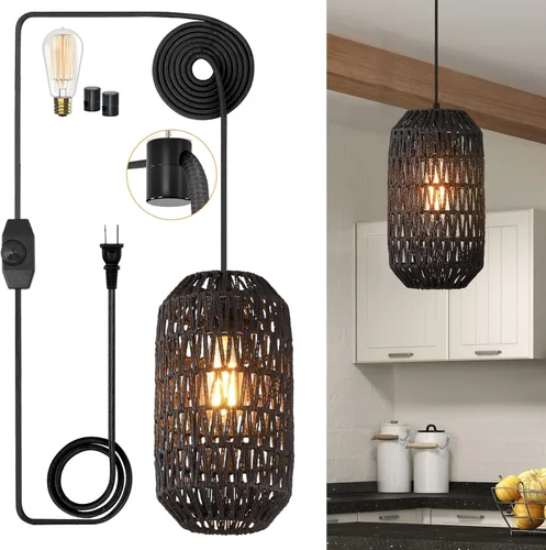 Vista 8 de Ruzectt Luminarias Colgantes Luces Colgantes de Ratán Negro para Isla de Cocina con Cable de Algodón Dorado Ajustable de 72 pulgadas, Lámpara