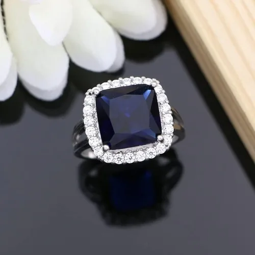 Vista 2 de Juego de joyas de plata 925, disfraz cuadrado de zafiro azul para mujer, aretes de aro, anillos, pulsera, collar