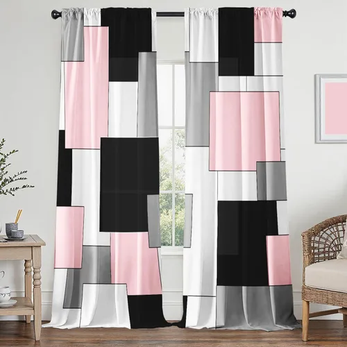 Vista 18 de Cortinas negras y grises para sala de estar, 63 pulgadas de largo, cortinas geométricas modernas, negras, blancas, grises, abstractas, con bolsillo