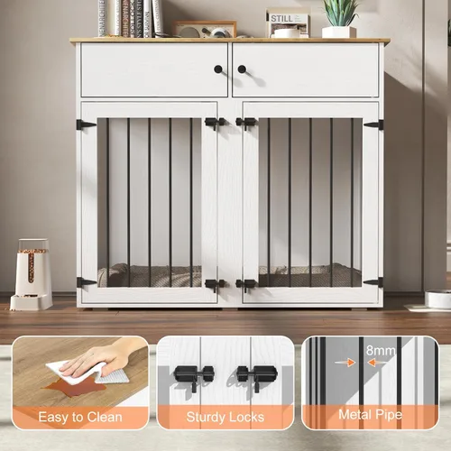 Vista 6 de Mueble de jaula para perros grande, perrera de interior de 41 pulgadas con divisor removible y puertas dobles, jaulas de madera para perros para 2