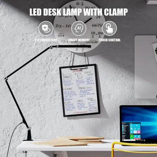 Vista 3 de JKSWT - Lámpara de escritorio con brazo oscilante ajustable para el cuidado de los ojos con abrazadera, 72 LED, 5 modos de color, lámpara de mesa