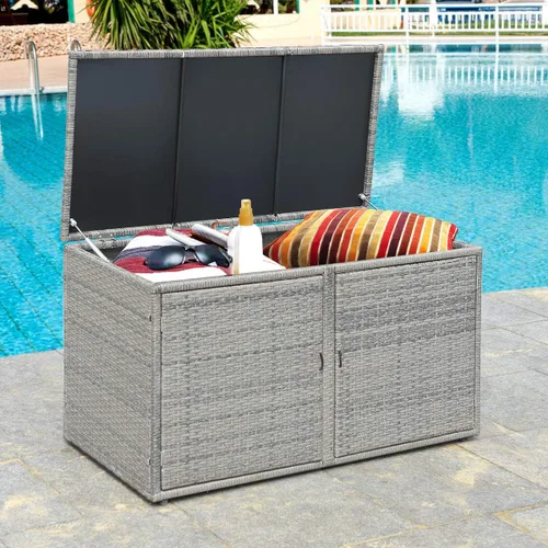 Vista 8 de Tangkula Caja de almacenamiento de mimbre para exteriores, contenedor de terraza de jardín con marco de acero, caja de almacenamiento de ratán
